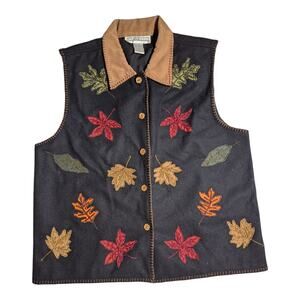 Vtg 1990s Dress Barn Black Wool Blend Leaf Embroidered Collared Button Up Vest L